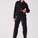 Jmojo tapered waist black denim jacket model front view buttoned up