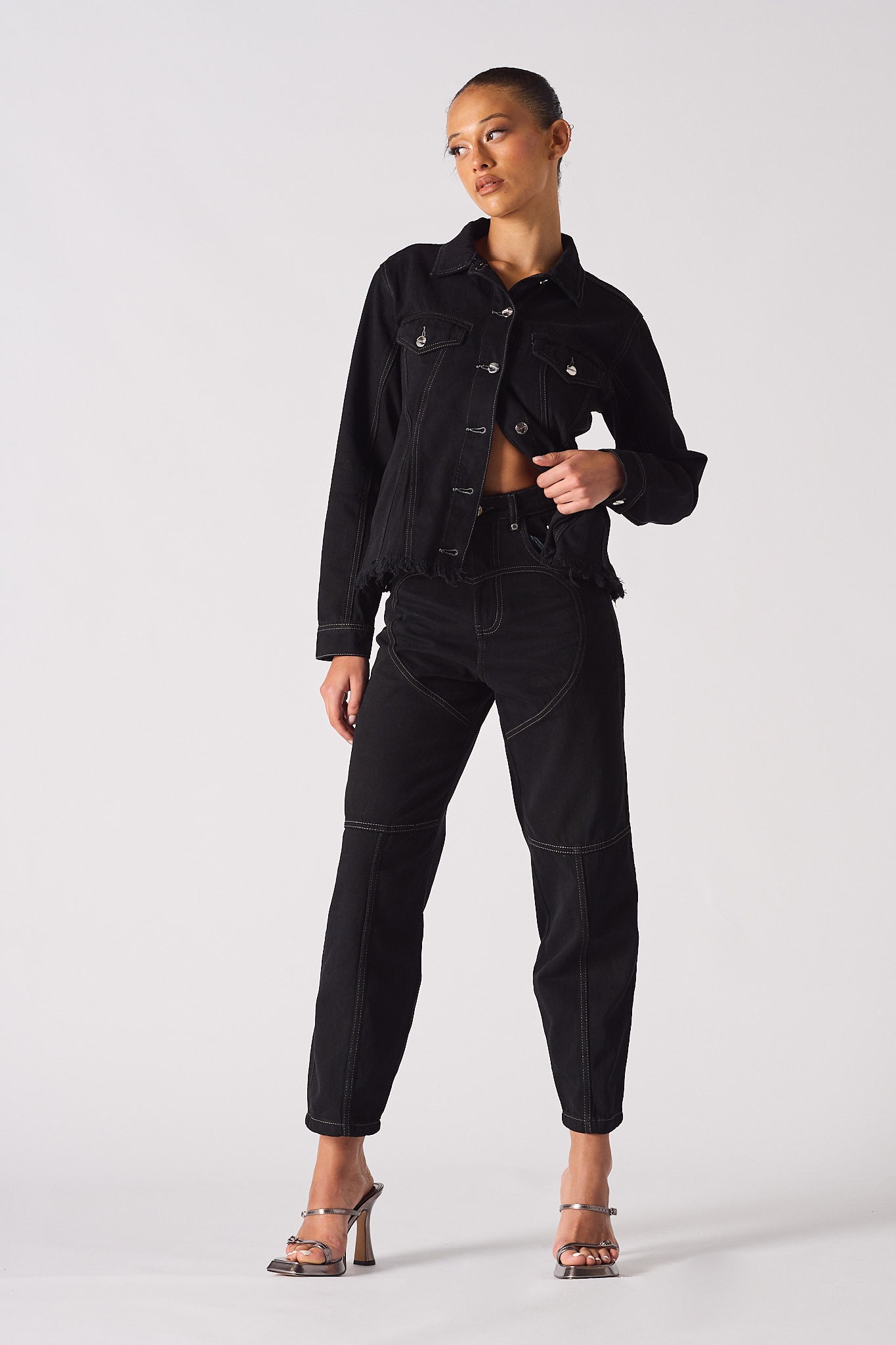 Jmojo tapered waist black denim jacket model front view buttoned up