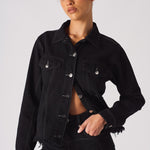 Jmojo tapered waist black denim jacket worn open model front view
