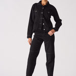 Jmojo tapered waist black denim jacket model full length front view