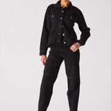 Jmojo tapered waist black denim jacket model full length front view