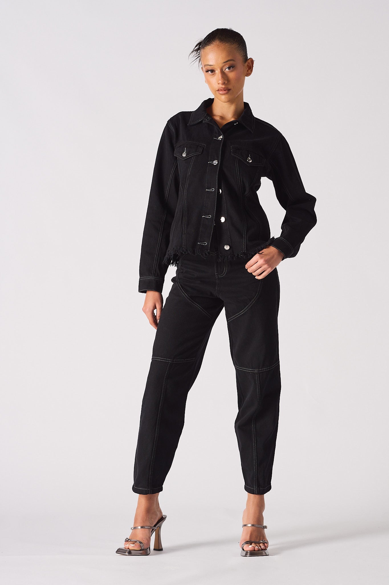 Jmojo tapered waist black denim jacket model full length front view