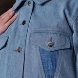 Jmojo two tone denim jacket silver button and chest pocket close up