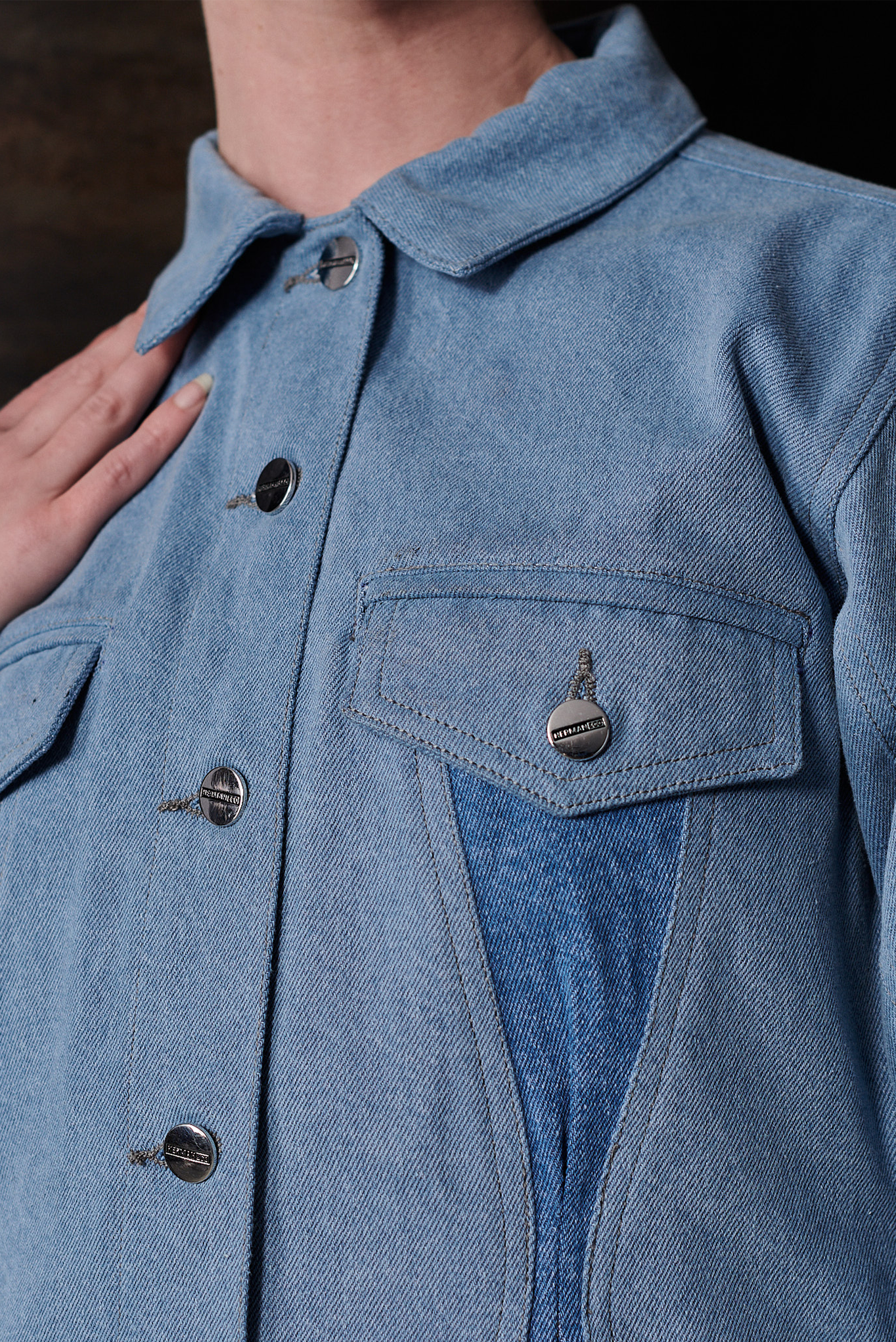 Jmojo two tone denim jacket silver button and chest pocket close up