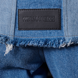 Jmojo two tone denim jacket Herman and Co vegan leather patch close up