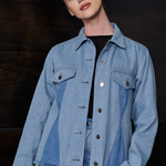 Jmojo two tone contrast denim jacket worn by model front close up