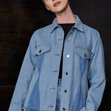 Jmojo two tone contrast denim jacket worn by model front close up