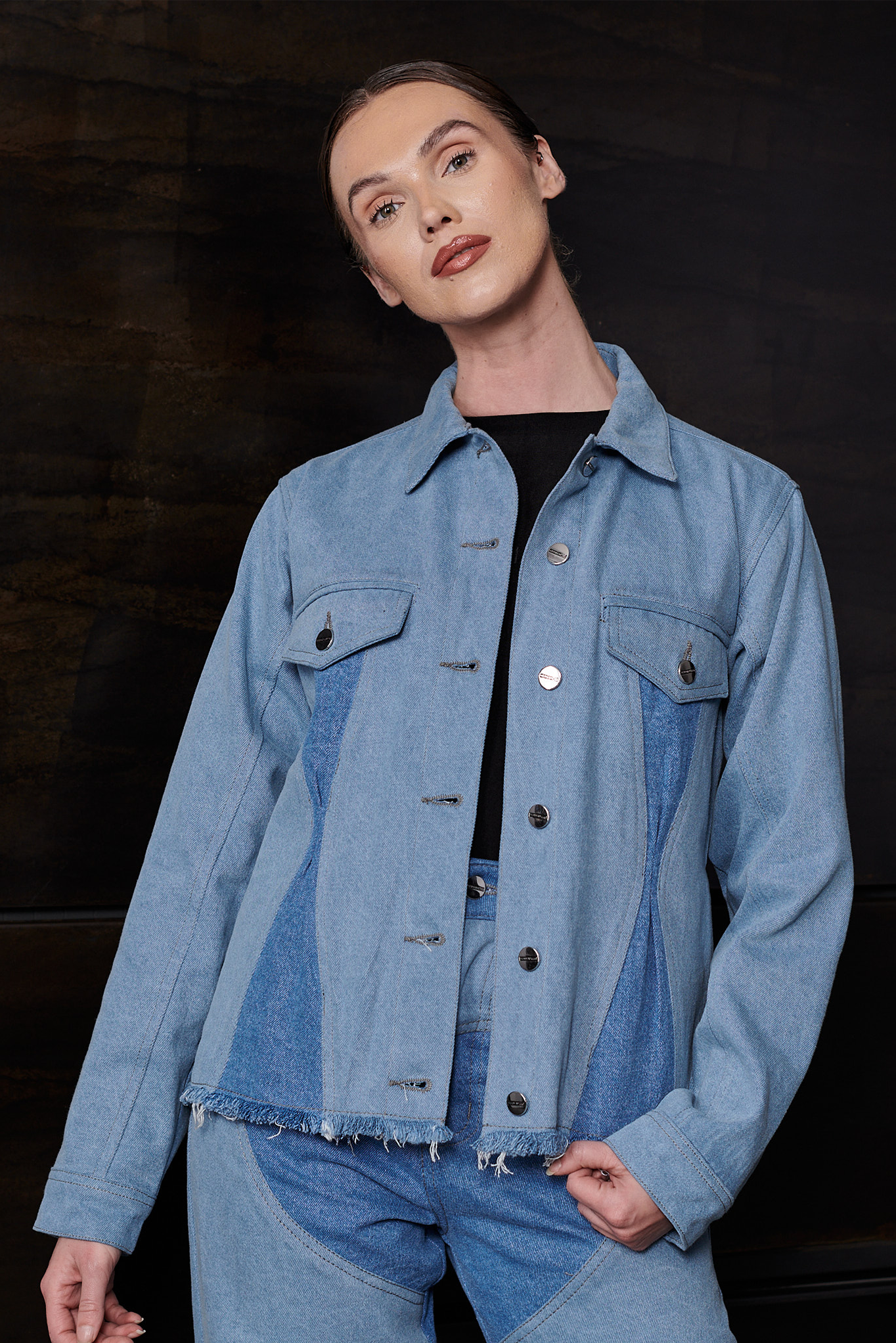 Jmojo two tone contrast denim jacket worn by model front close up
