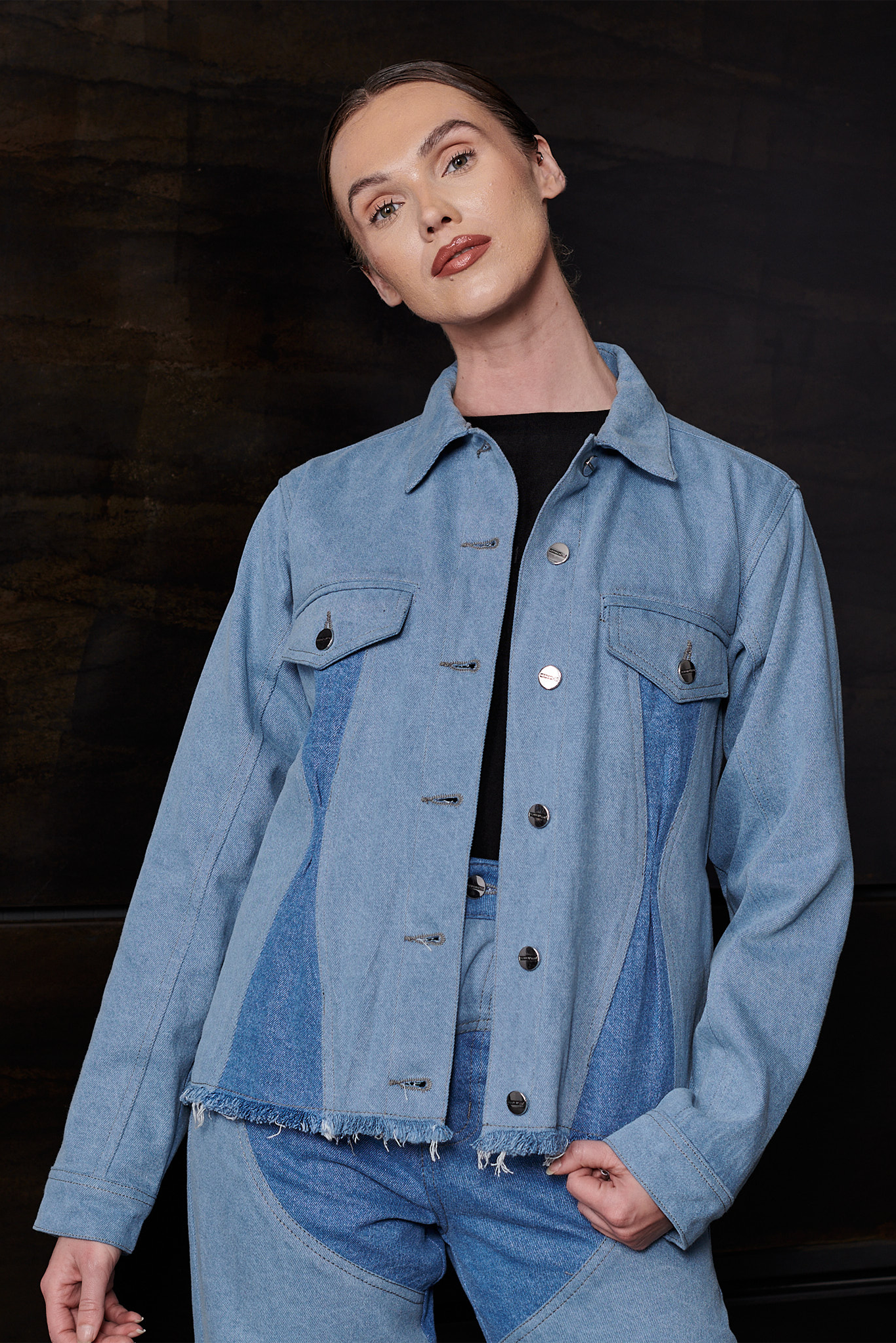 Jmojo two tone contrast denim jacket worn by model front close up