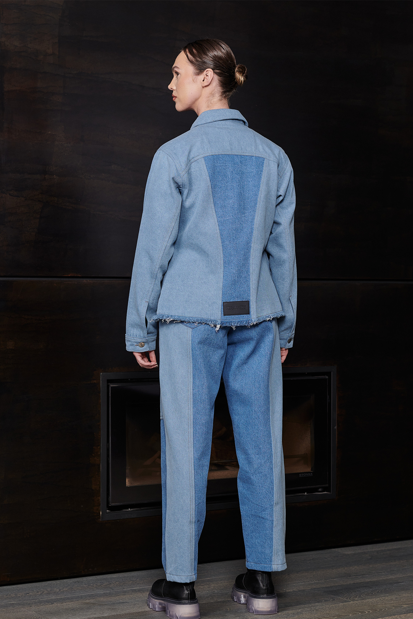 Jmojo two tone denim jacket model full length back view