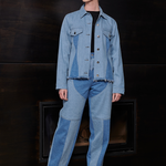 Jmojo two tone denim jacket tapered waist model full length front view