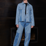 Jmojo two tone denim jacket tapered waist model full length front view