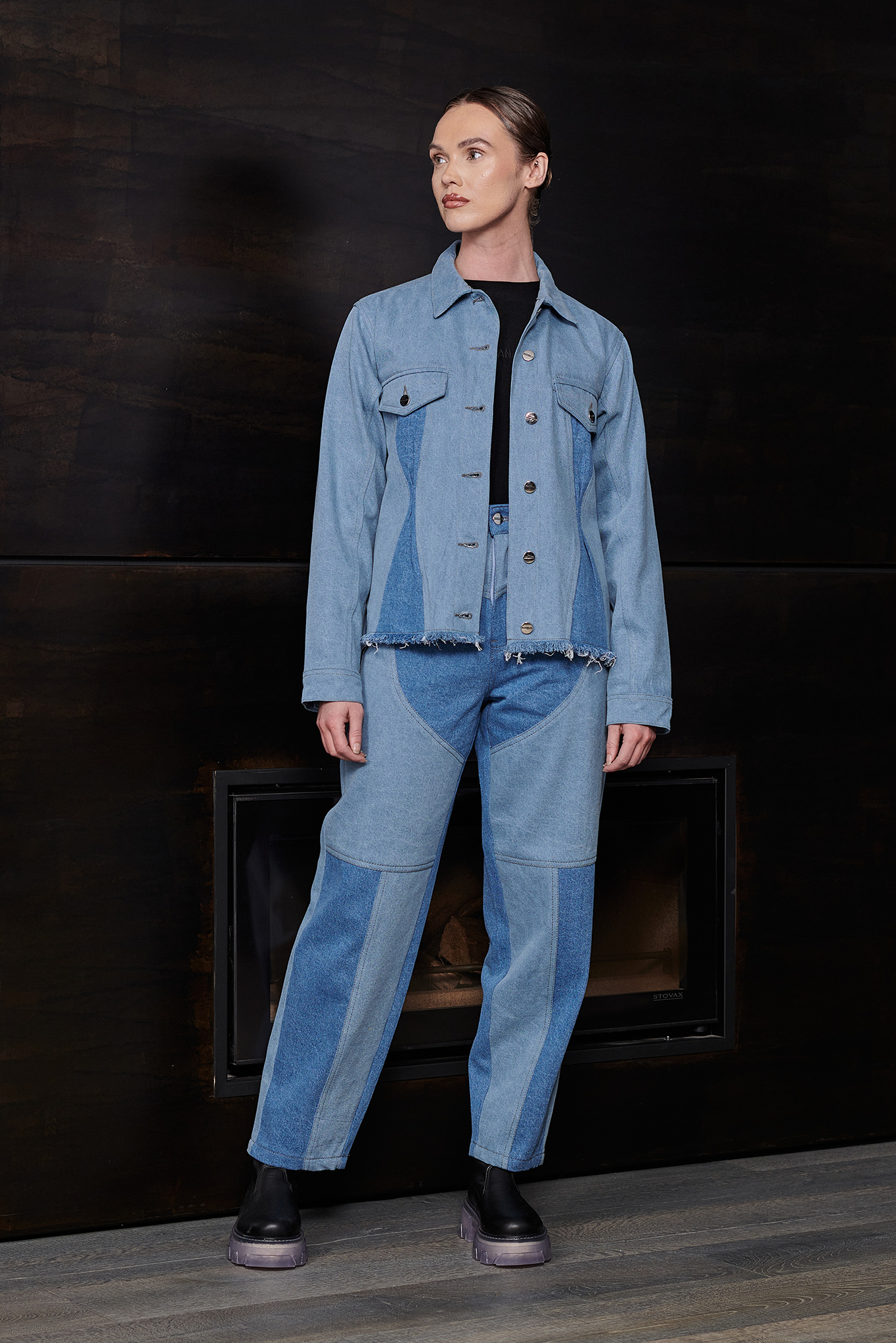 Jmojo two tone denim jacket tapered waist model full length front view