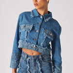 Jmojo two tone distressed denim crop jacket angled front view