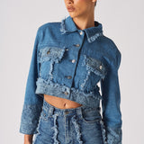 Jmojo two tone distressed denim crop jacket angled front view