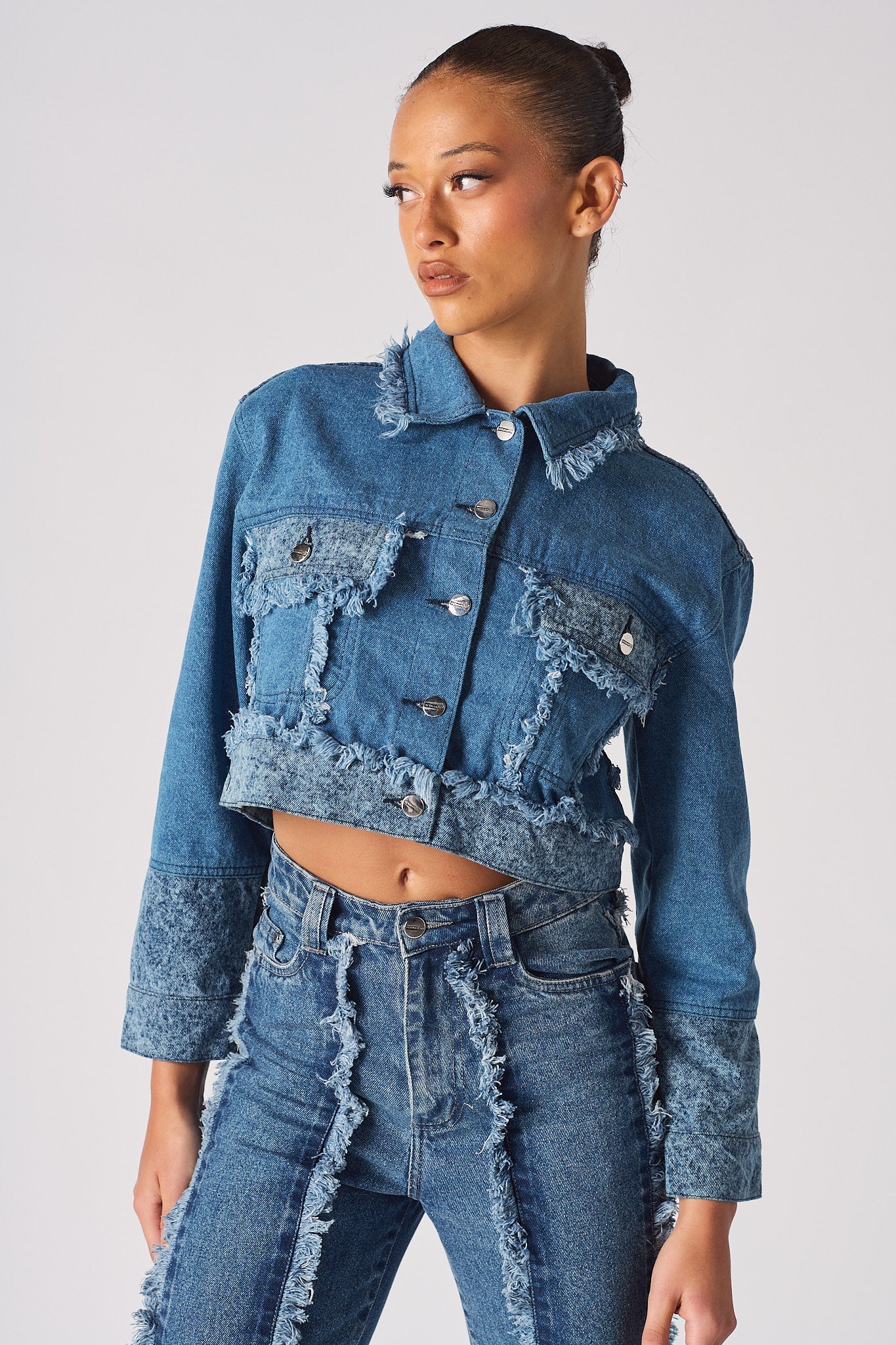 Jmojo two tone distressed denim crop jacket angled front view