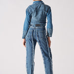 Jmojo two tone distressed denim crop jacket back view with frayed hem
