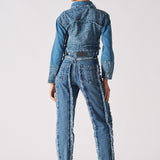 Jmojo two tone distressed denim crop jacket back view with frayed hem