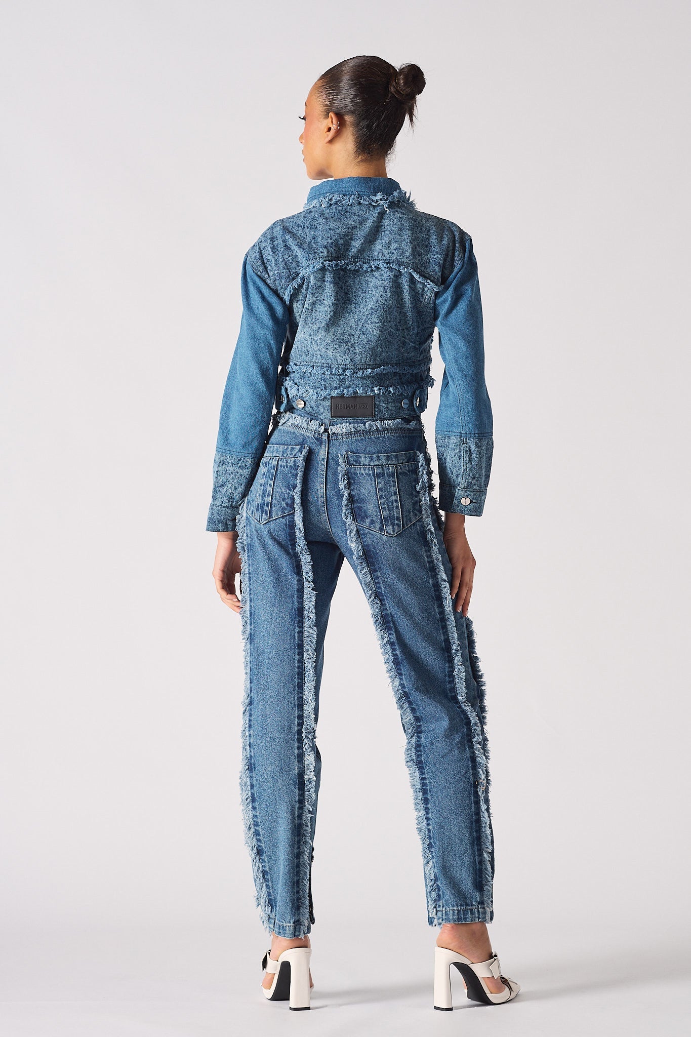 Jmojo two tone distressed denim crop jacket back view with frayed hem