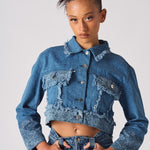 Jmojo two tone distressed denim crop jacket close up front frayed detail
