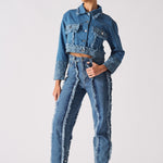 Jmojo two tone distressed denim crop jacket full front view with matching jeans