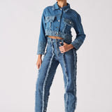 Jmojo two tone distressed denim crop jacket full front view with matching jeans