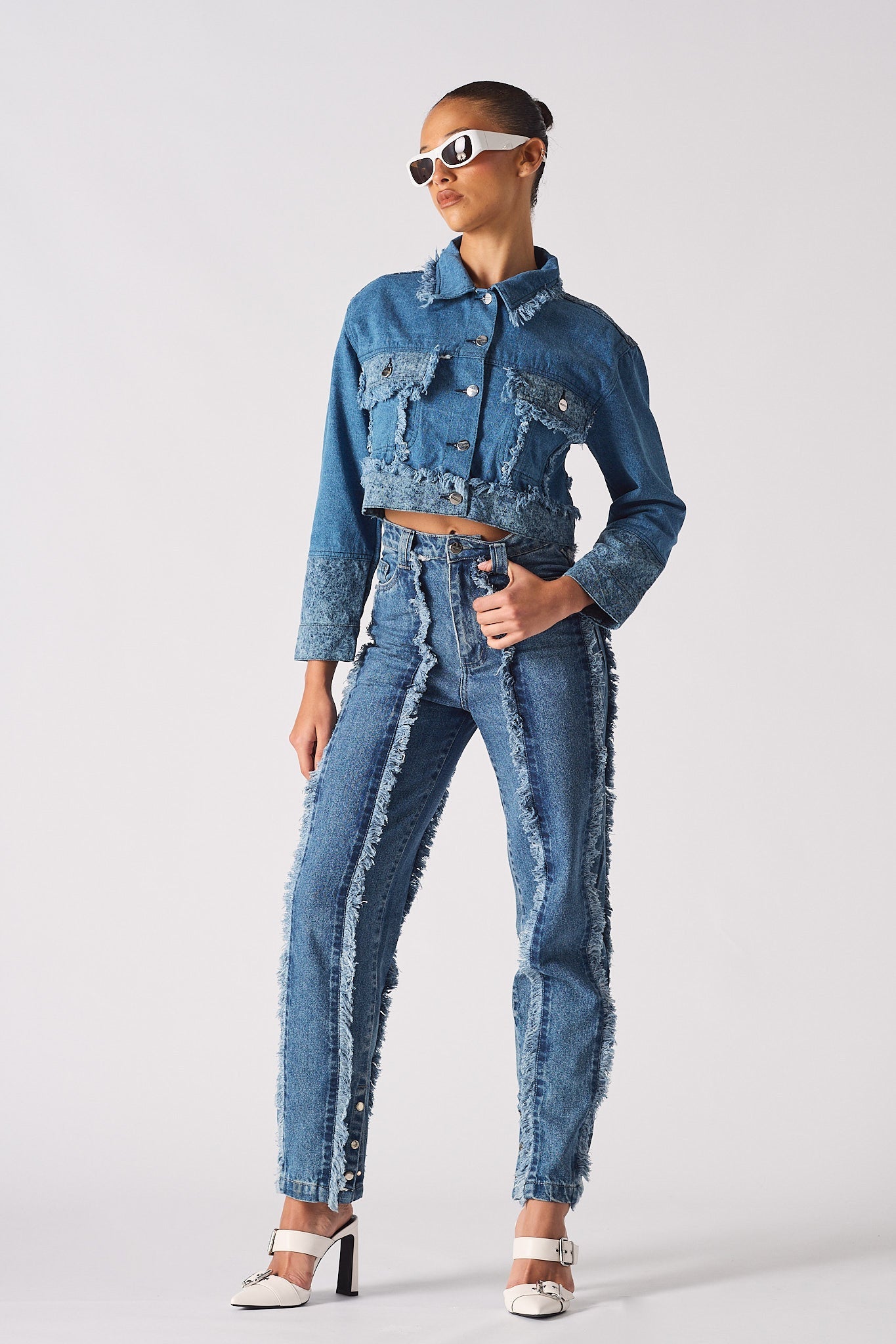 Jmojo two tone distressed denim crop jacket full front view with matching jeans