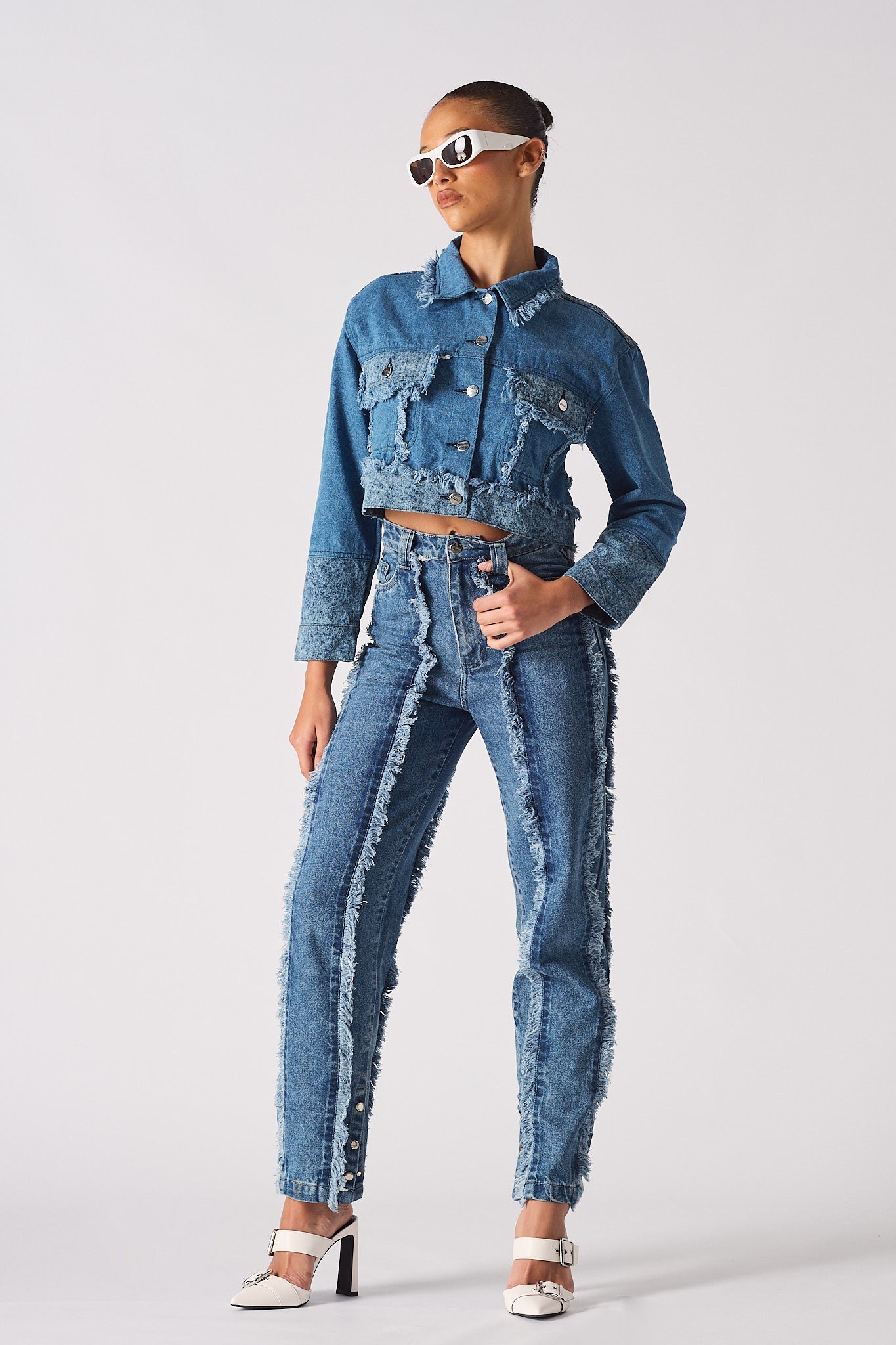 Jmojo two tone distressed denim crop jacket full front view with matching jeans