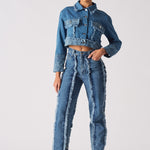 Jmojo two tone distressed denim crop jacket full outfit look