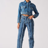Jmojo two tone distressed denim crop jacket full outfit look