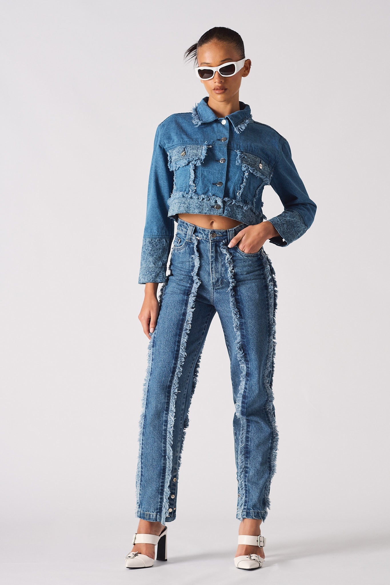 Jmojo two tone distressed denim crop jacket full outfit look