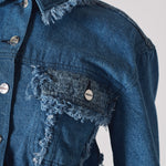 Jmojo two tone distressed denim crop jacket frayed chest pocket detail