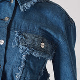 Jmojo two tone distressed denim crop jacket frayed chest pocket detail