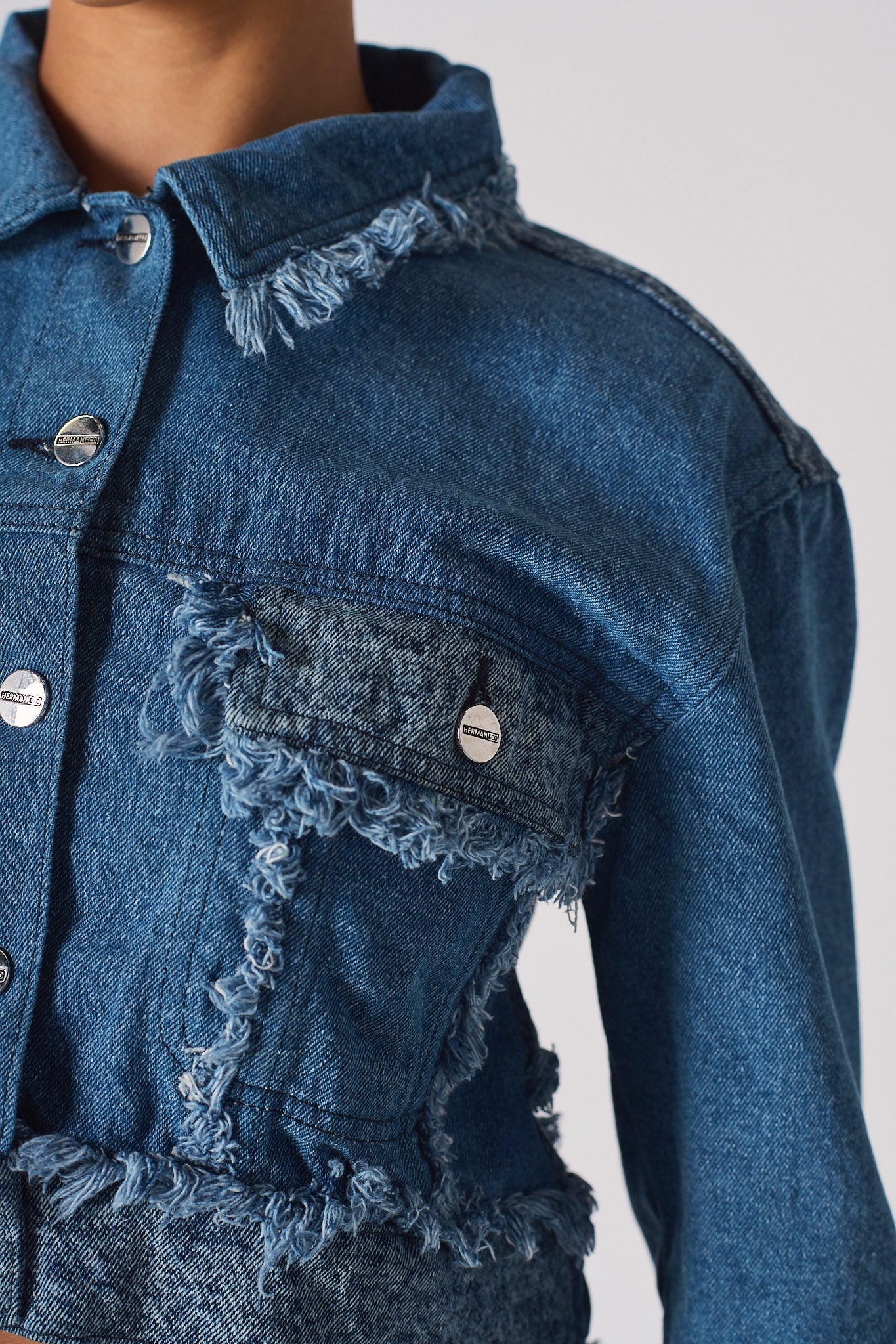 Jmojo two tone distressed denim crop jacket frayed chest pocket detail