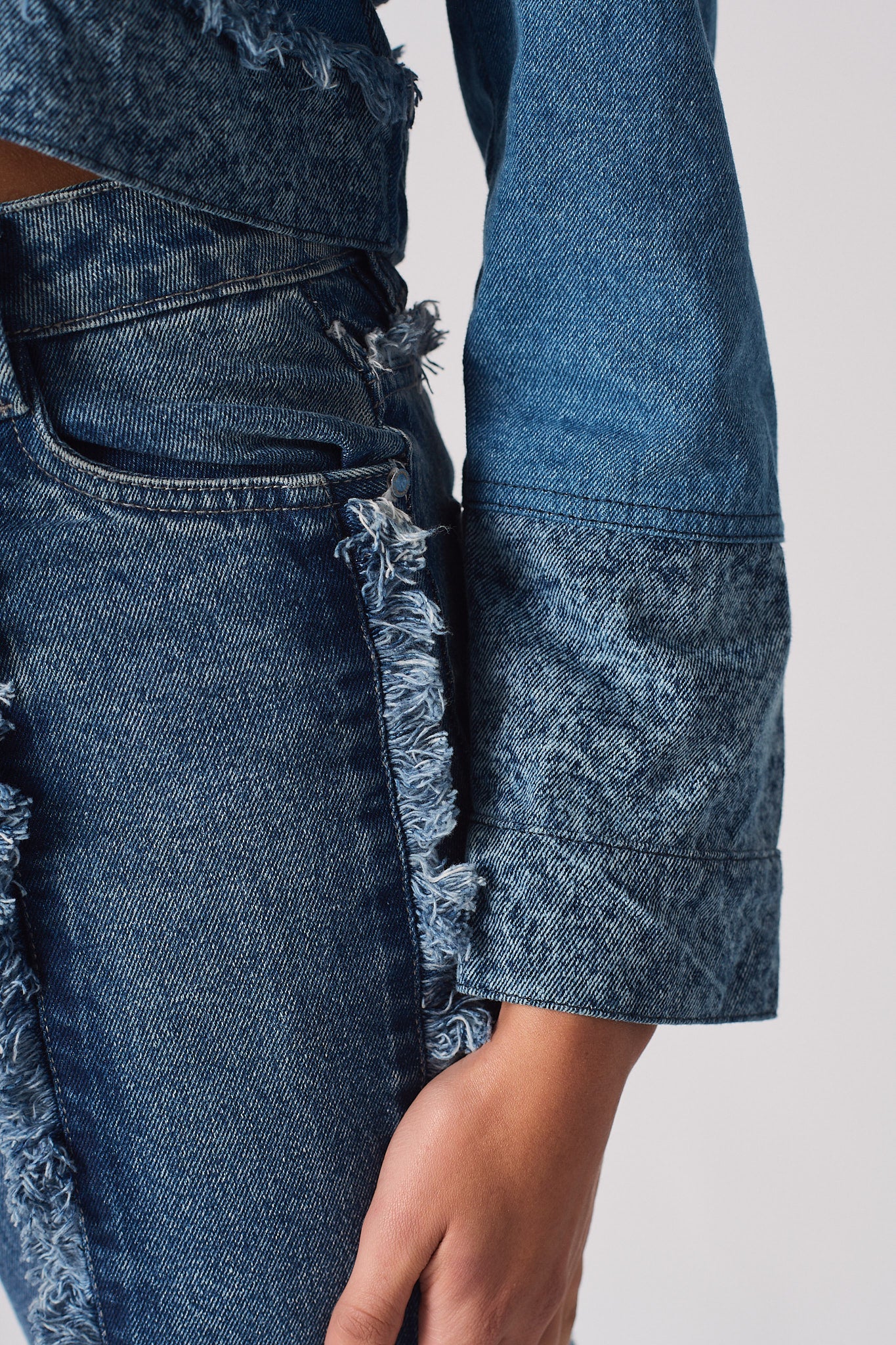 Jmojo two tone distressed denim crop jacket sleeve and cuff detail