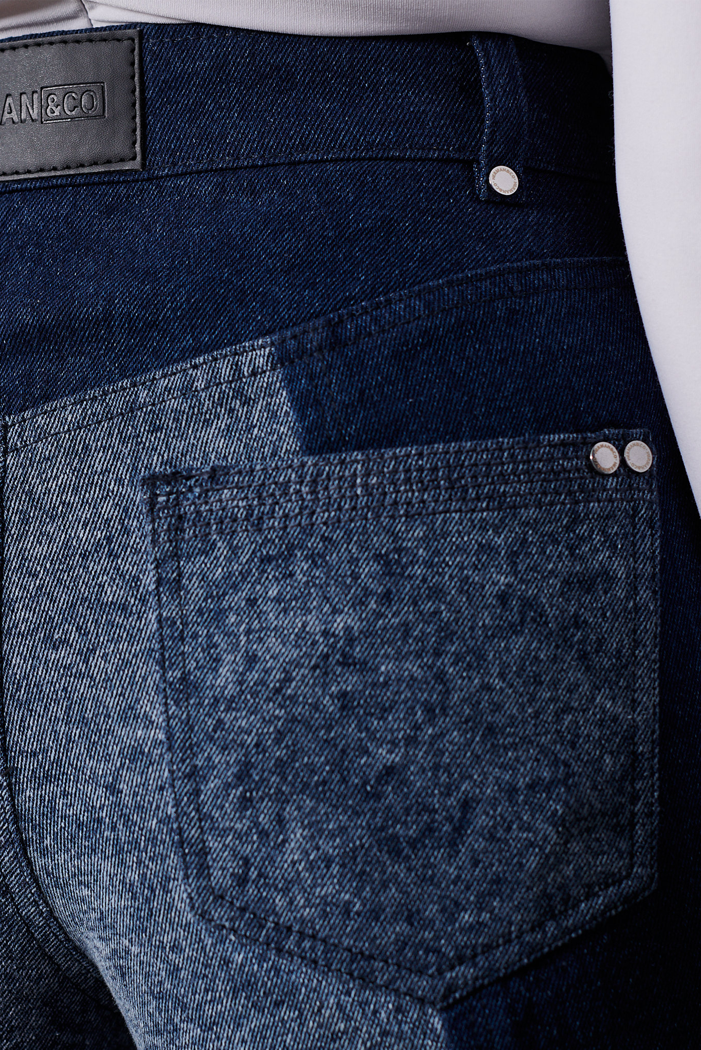 Jmojo two tone tapered jeans back pocket detail