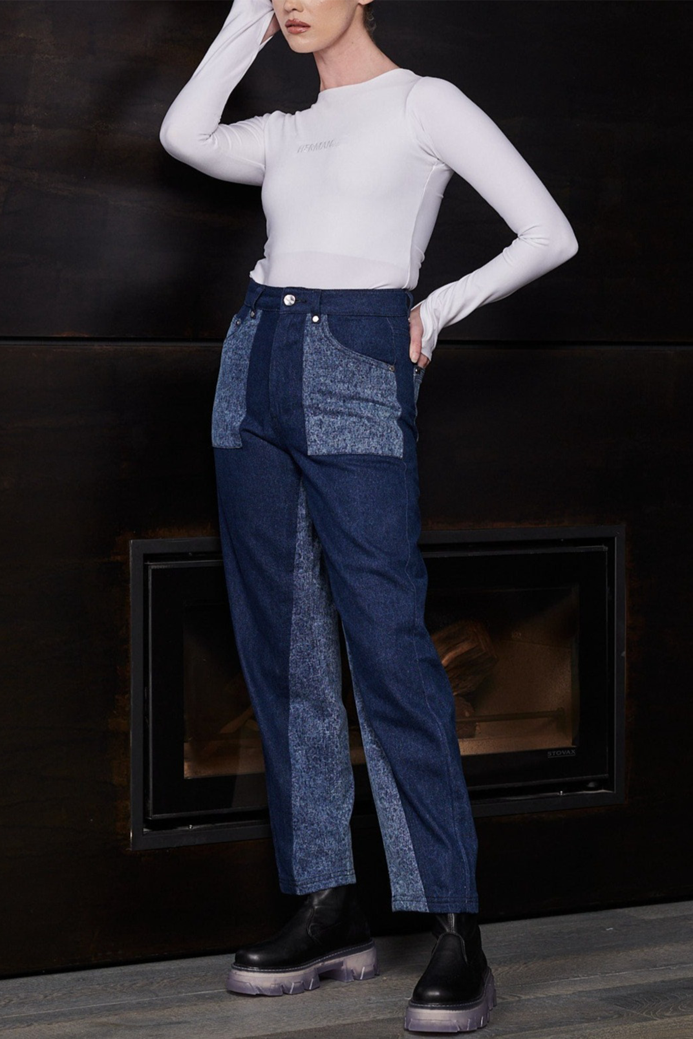 Jmojo two tone tapered jeans model angled view
