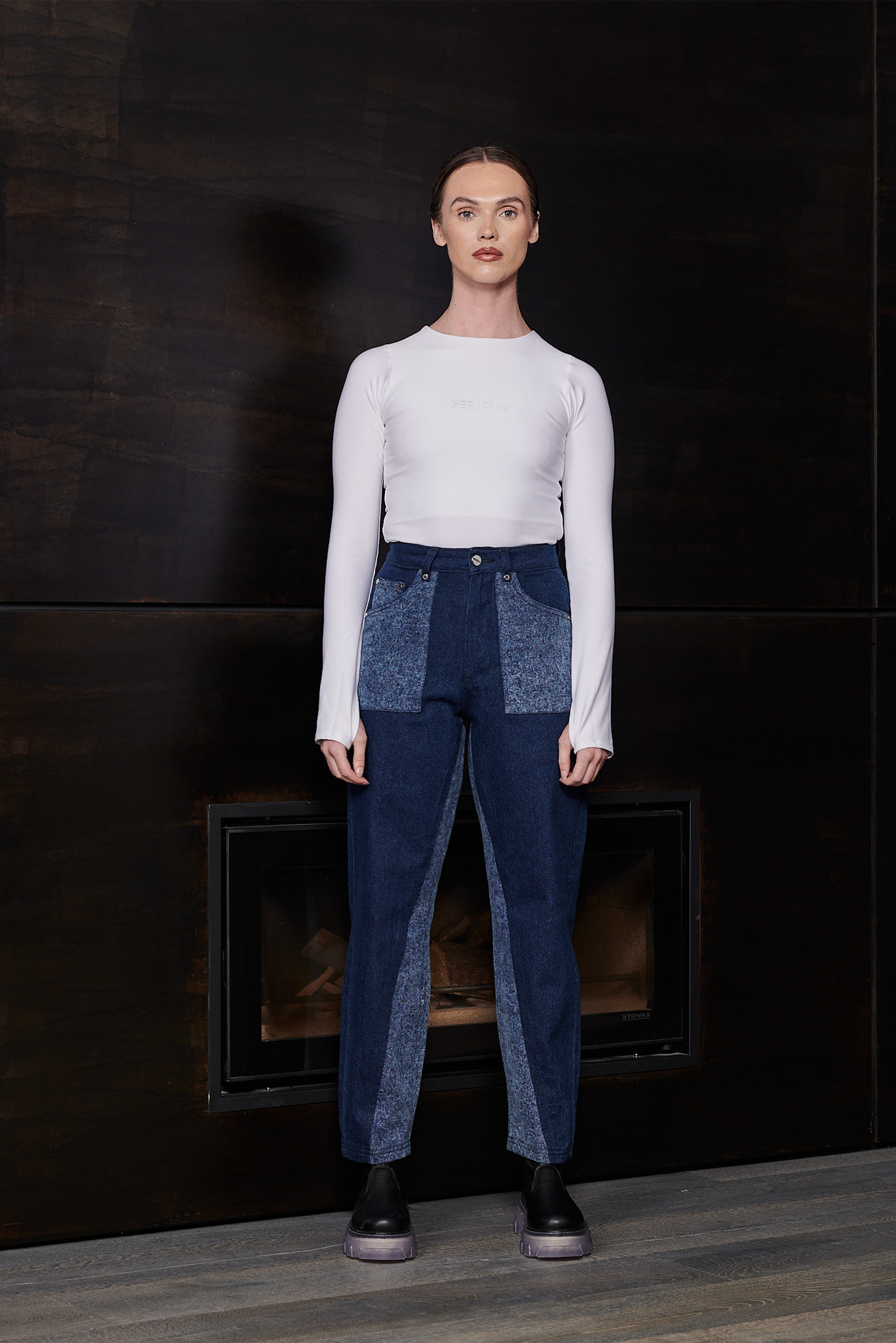 Jmojo two tone tapered jeans model front view