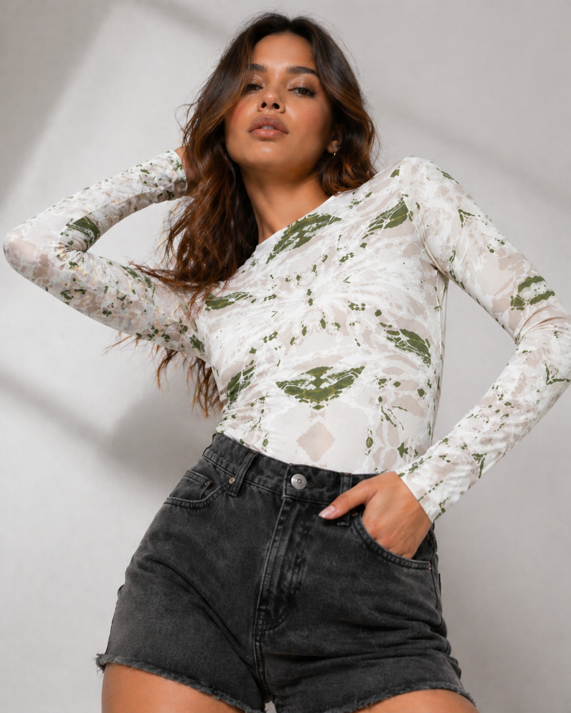 Jmojo white earth printed bodysuit low angle view