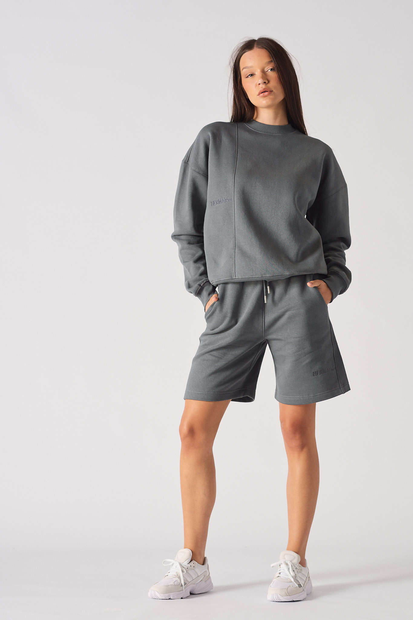 Jmojo womens cool grey sweatshorts and matching sweatshirt set front
