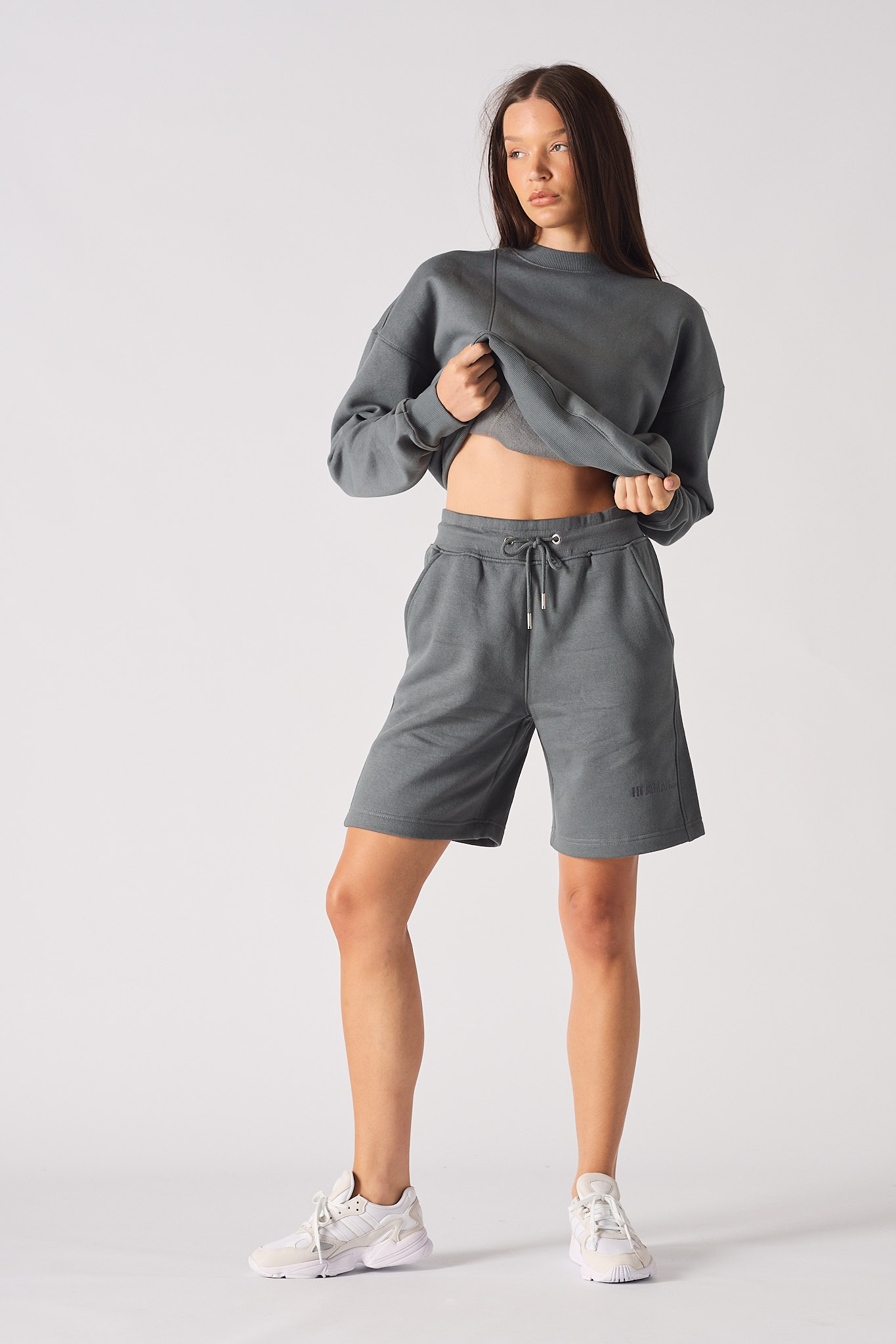 Jmojo womens cool grey relaxed fit sweatshorts front full length view