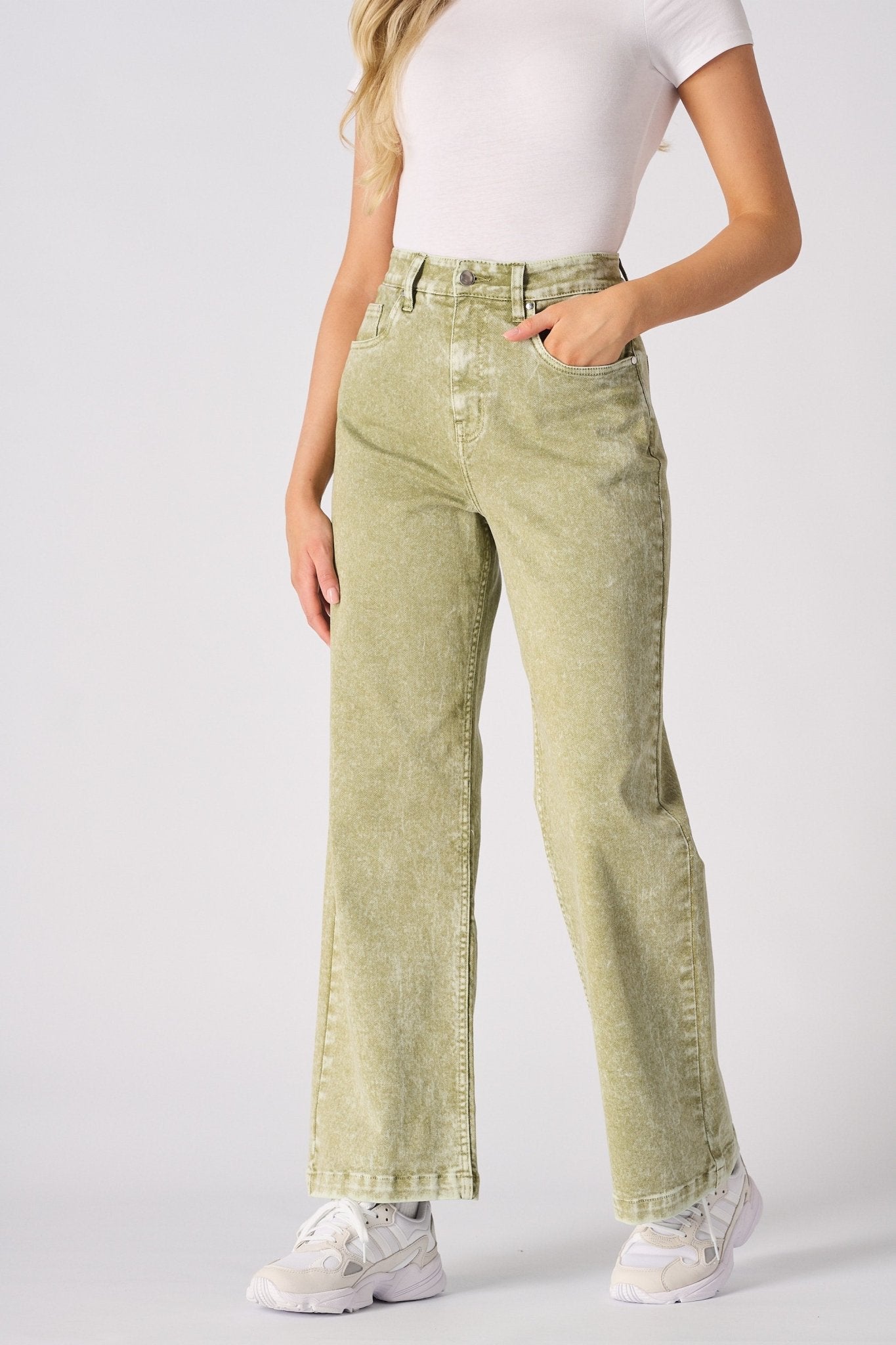 JUNIA High Rise Wide Leg Jeans - Lime Green - JMOJO - Women's Wide Leg Jeans
