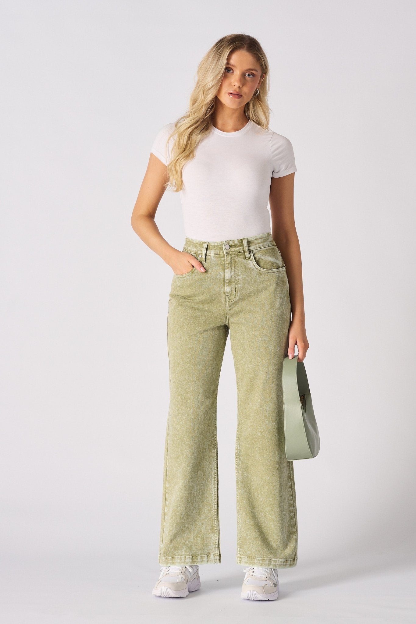 JUNIA High Rise Wide Leg Jeans - Lime Green - JMOJO - Women's Wide Leg Jeans
