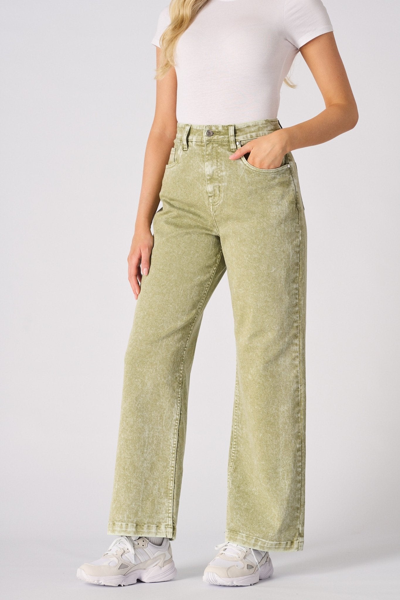 JUNIA High Rise Wide Leg Jeans - Lime Green - JMOJO - Women's Wide Leg Jeans