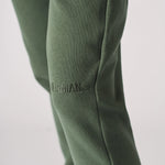 Detailed shot showing the tapered leg and cuff of khaki green joggers women.