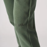 Detailed shot showing the tapered leg and cuff of khaki green joggers women.