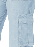 A close up view of the innovative 3D cargo pocket on the light blue denim material.