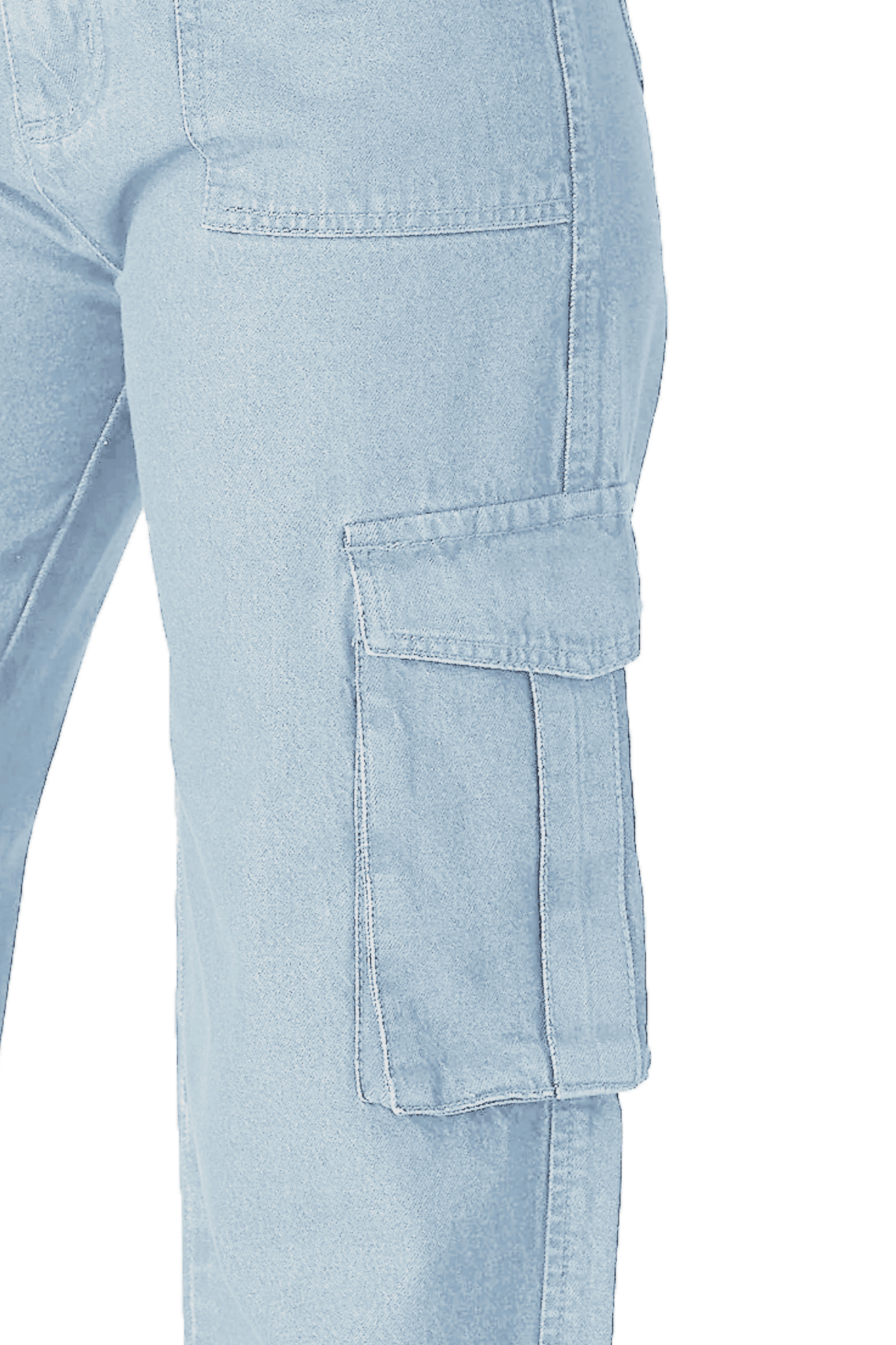A close up view of the innovative 3D cargo pocket on the light blue denim material.