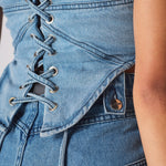 Light blue denim pocket corset lace up back
