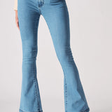 Close up texture view of the front slip pocket on light blue denim jeans